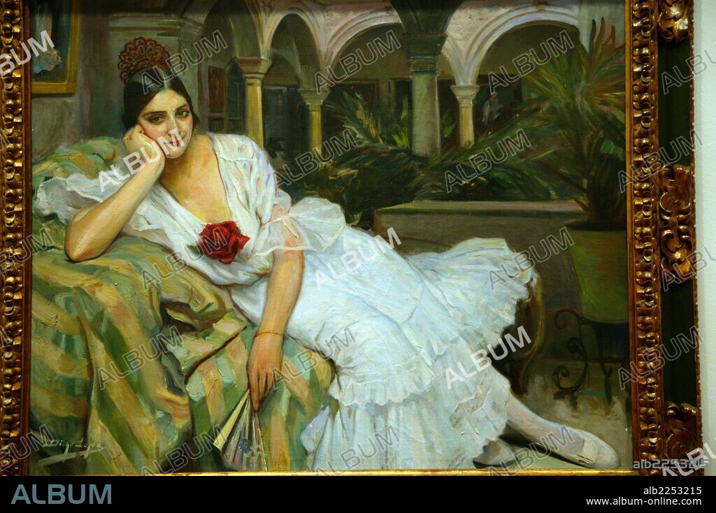 DIEGO LOPEZ. PINTOR ESPAÑOL. SEVILLA 1876 - 1969. SEVILLANA EN SU PATIO , AÑO 1918. MUSEO BELLAS ARTES DE SEVILLA.