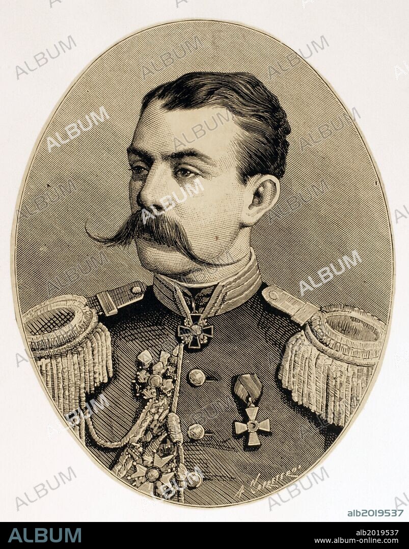 ARTURO CARRETERO Y SÁNCHEZ. Astrukoff. Russian General in the Russian-Turkish War of 1877-1878. Engraving by Carretero. Spanish and American Illustration, 1877.