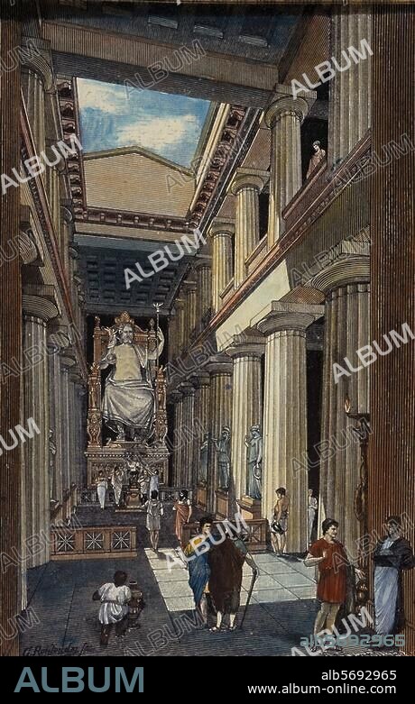 Olympie (Grèce). Temple de Zeus (construction par Libon et Elis, 465 av. J.-C.). - "L'intérieur du Temple de Zeus avec statue de Zeus par Phidias" (reconstitution. Grav. sur bois de Georg Rehlender (né en 1845). In : Oskar Jäger Hist. du Monde, 1er vol., Hist. de l'Antiquité, 6e éd., Bielfeld / Leipzig 1903.