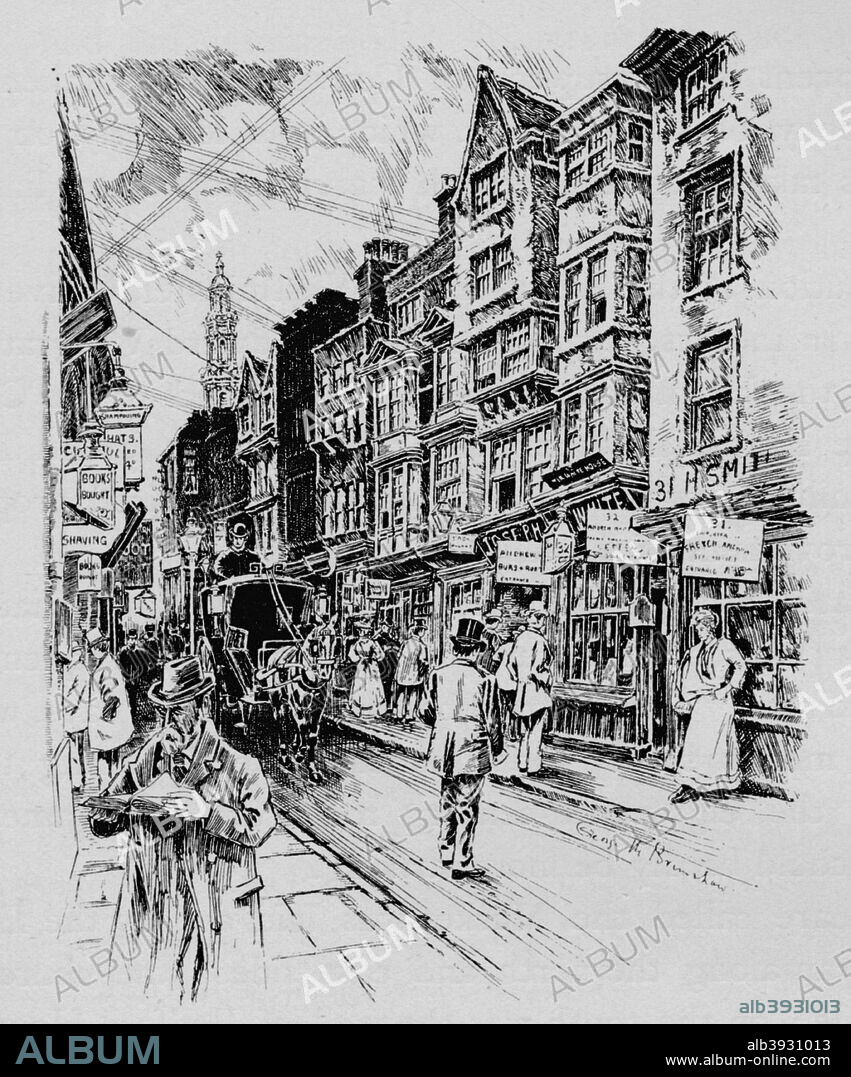 Holywell Street, Westminster, London, c1890 (1911). Holywell Street once ran parallel with the Strand. It was demolished when the Strand was widened in 1900. The street was the centre for the sale of pornography in Victorian London. From London - North of the Thames, by Sir Walter Besant. [Adam & Charles Black, London, 1911].