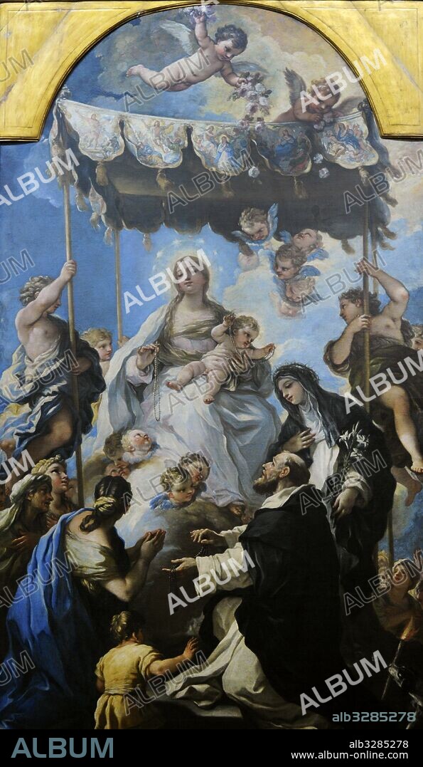 Luca Giordano (1634-1705). Pintor barroco italiano, conocido en España como Lucas Jordán. "Virgen del Rosario (o del baldaquino) ", 1686. Museo de Capodimonte, Nápoles. Italia.