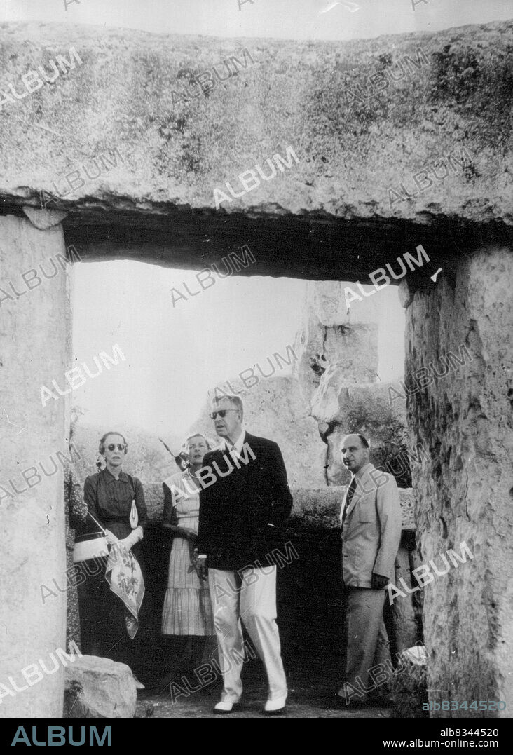 King Gustav Adolf of Sweden Who is a Keen Archaeologist, with Queen Louise (left), Lady Mountbatten, and Mr.Joe Galea, Visits The Stone-Age temple of Mnajdra, Built About 3,000 B.c. Constructed on Immense Blocks of Stone. The Temple is one of The Oldest in The World. October 16, 1952.