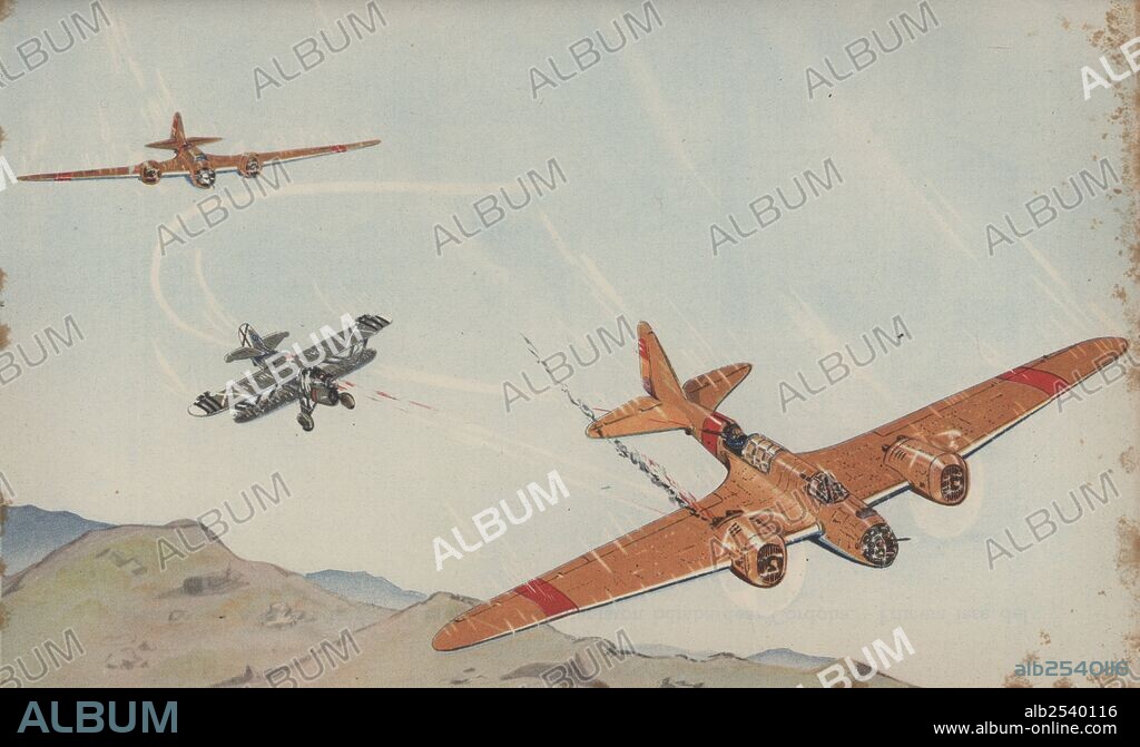 Combate aéreo entre un avión Focker del bando nacional y dos bomarderos Tupolev (katiuskas) del ejército republicao, cerca de Andújar, que intentaron bombardear Córdoba. Guerra civil española.