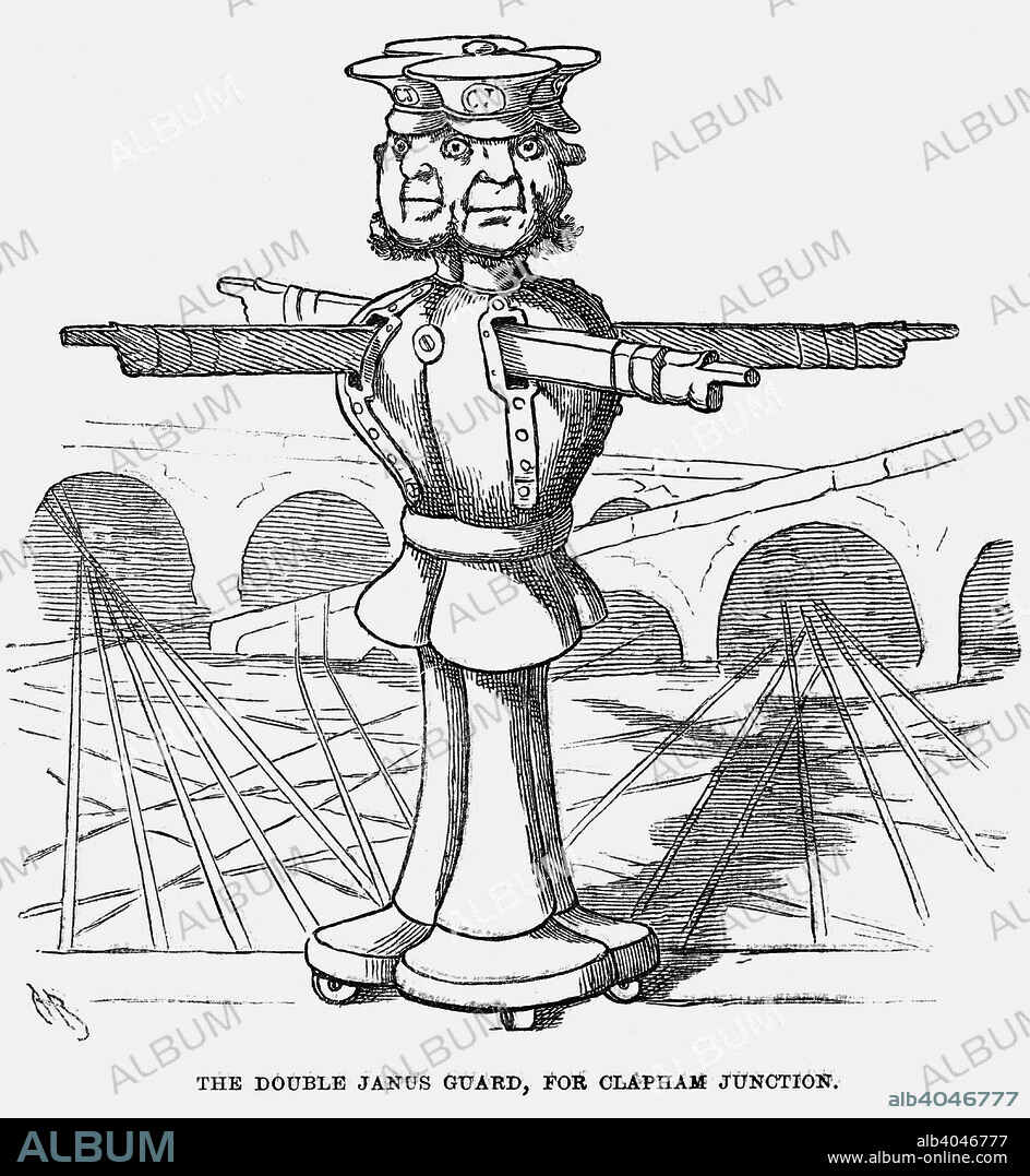 'The Double Janus Guard, for Clapham Junction', 1865. A 'Double Janus', with four faces, stands guard at the new Clapham Junction, a complex arrangement of railway lines. All four faces will be needed if the trains are to be safely guided onto the right tracks. Janus in Roman mythology was the god of passageways and doorways. He is usually depicted as having two faces. From Punch, or the London Charivari, August 19, 1865.