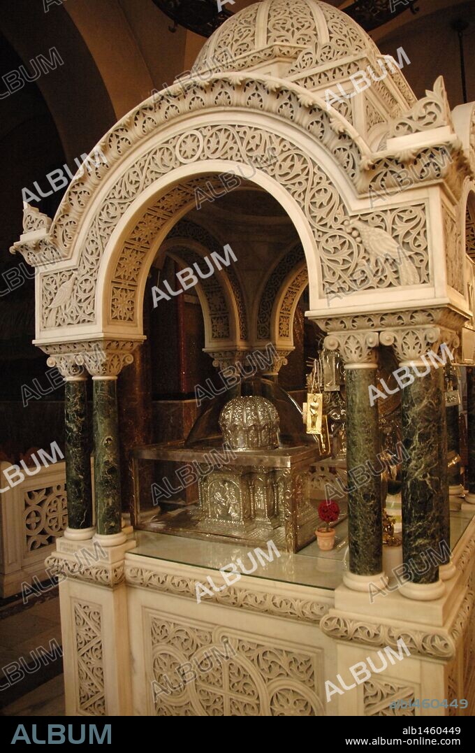 Patras, Greece. St Andrew's Cathedral, 20th century. Relics of the Apostle St Andrew on a silver carved teak (small finger, part of cranium). Peloponnese.