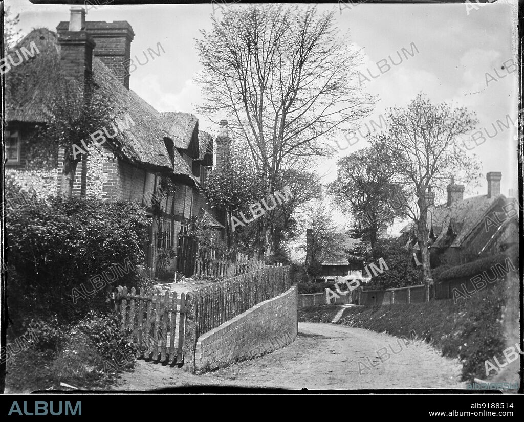 KATHERINE JEAN MACFEE. Upper Icknield Way, Whiteleaf, Princes Risborough, Wycombe, Buckinghamshire, 1910. Looking north along Upper Icknield Way, showing timber framed cottages known as Thatchers and Wood Cottage on the left of the foreground.