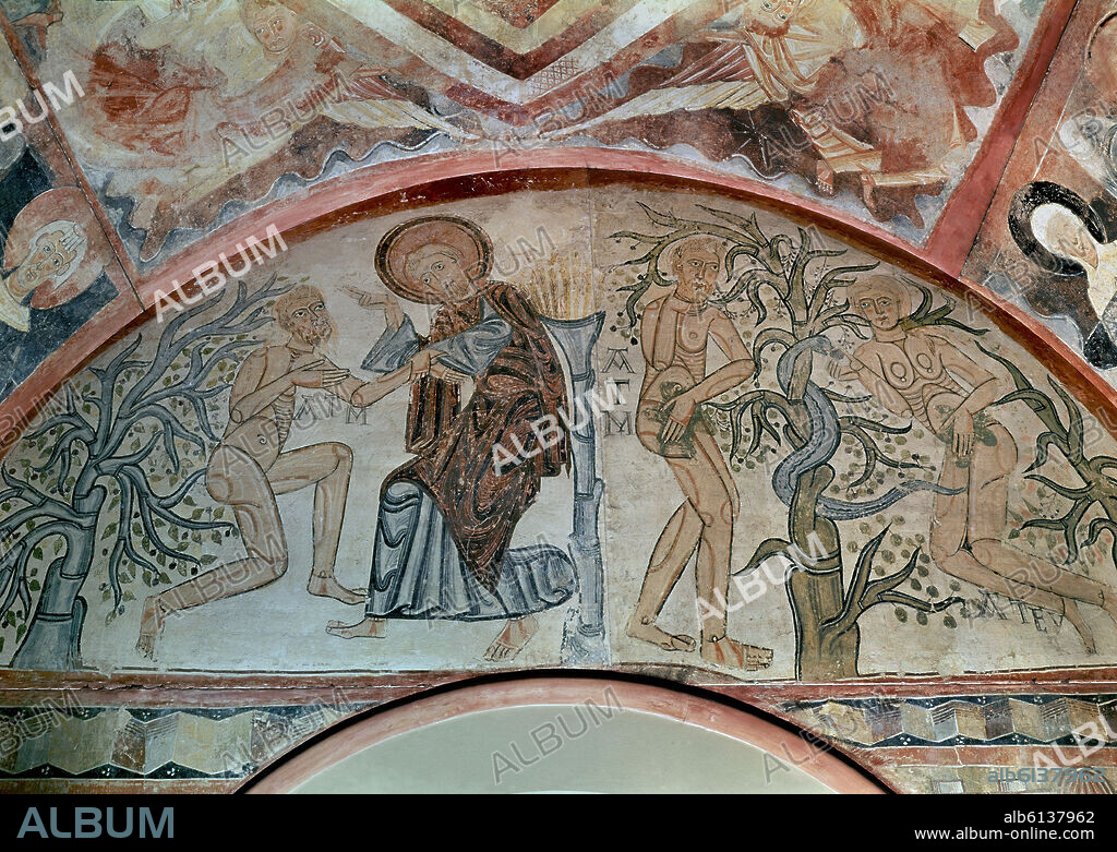 ANONYME. CREACION DE ADAN Y EVA - ARCO DE INGRESO - PINTURA MURAL DE LA ERMITA DE LA VERA CRUZ DE MADERUELO - SIGLO XII - ROMANICO ESPAÑOL.
