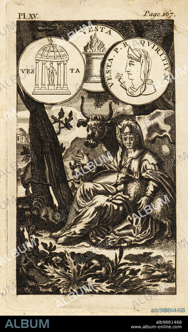 Vesta, Roman goddess of the hearth and home. Shown seated under a tree with lamb, cow and squirrel. Copperplate engraving from Andrew Tookes The Pantheon, Representing the Fabulous Histories of the Heathen Gods, London, 1757.