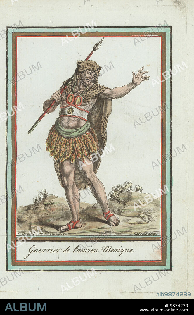 Warrior of the ancient Aztec or Mexica people, Mexico. In animal-skin cloak with leopard head worn as hood, breastplate with sun motif, feather skirt, sandals, armed with spear. Guerrier de l'ancien Mexique. Handcoloured copperplate engraving by J. Laroque after a design by Jacques Grasset de Saint-Sauveur from his Encyclopedie des voyages, Encyclopedia of Voyages, Bordeaux, France, 1792.