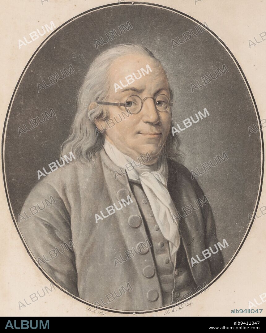 Portrait of Benjamin Franklin, one of the founding fathers of the United States, in an oval, Portrait of Benjamin Franklin Franklin, Collection des Grands Hommes (series title), print maker: Pierre Michel Alix, (mentioned on object), after: Louis Michel van Loo, (mentioned on object), publisher: Marie François Drouhin, (mentioned on object), print maker: France, publisher: Paris, 1793 - 1795, paper, h 379 mm × w 286 mm.