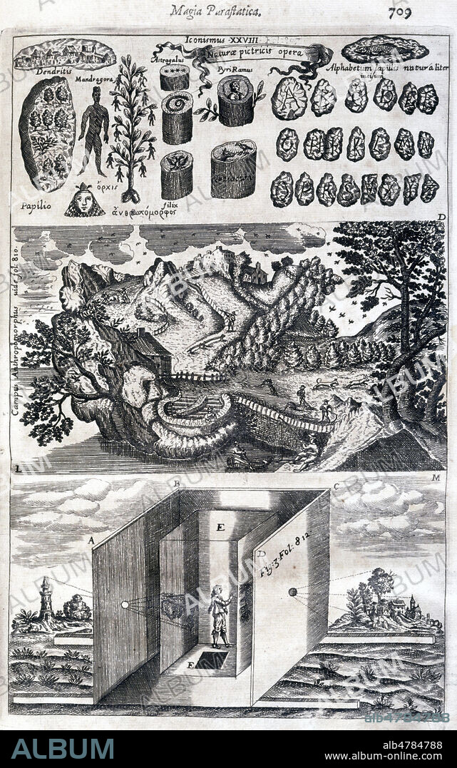 Fossiles (haut), scene agricole (centre) et Camera obscura (bas). Gravure tiree de l'ouvrage d'Athanasius KIRCHER (1601-1680) 'Ars Magna Lucis et umbrae in mundo', publie en 1646. Credit : Collection SSPL/KHARBINE-TAPABOR.