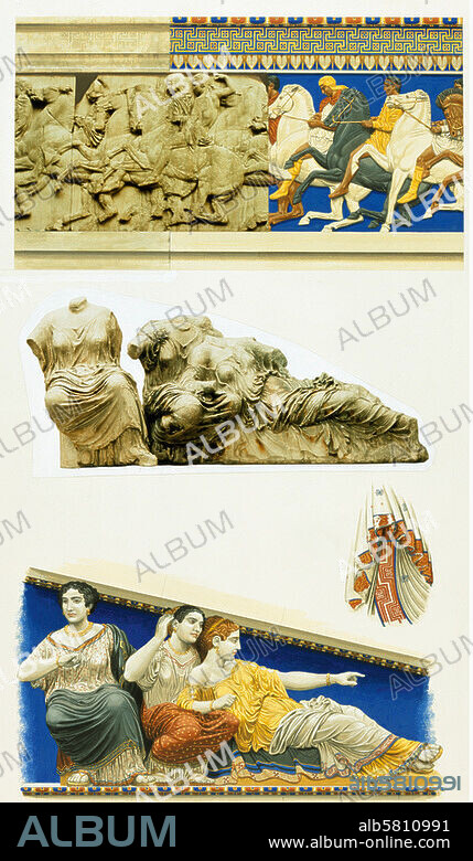 PETER CONNOLLY. Athènes (Grèce), Parthénon sur l'Acropole. - En haut : marbre ; 447-422 av. J.-C. atelier de Phidias). Frise ouest, détail cavaliers. Milieu et en bas : déesses Aphrodite et Peitho, fronton est du Parthénon (cercle de Phidias, vers 435 av. J.-C.). Photographie et reconst. (aquarelle de P.Connolly). London, British Museum.