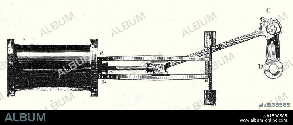Transformation of vertical movement of the piston rod of a machine without a condenser, in a circular motion, using an articulated connecting rod. . Transformation of the vertical movement of a piston rod of a machine without a condenser, in a circular motion, using an articulated connecting rod.