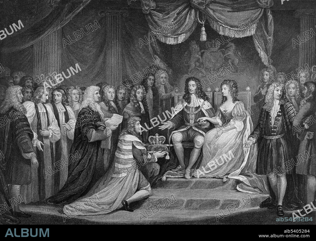 Entitled:  "William of Orange, and Mary, his English wife are presented with the crown. William III & II (November 4, 1650 - March 8, 1702) was a sovereign Prince of Orange of the House of Orange-Nassau by birth. From 1689 he reigned as William III over England and Ireland. As King of Scotland, he is known as William II. In 1688 he invaded England in an action that ultimately deposed King James II & VII and won him the crowns of England, Scotland and Ireland. In the British Isles, William ruled jointly with his wife, Mary II, until her death in 1694. A Protestant, William participated in several wars against the powerful Catholic king of France, Louis XIV. Many Protestants heralded him as a champion of their faith. Largely because of that reputation, William was able to take the British crowns when many were fearful of a revival of Catholicism under James. William's victory over James at the Battle of the Boyne in 1690 is still commemorated by the Orange Order. His reign marked the beginning of the transition from the personal rule of the Stuarts to the more Parliament-centered rule of the House of Hanover. He died in 1702, aged 51, of pneumonia, a complication from a broken collarbone following a fall from his horse, Sorrel.