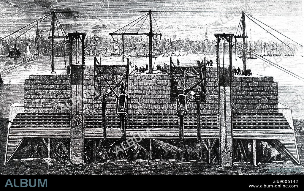 Illustration showing Cross-section showing men working in a caisson used to build one of the piers of the Brooklyn Bridge. During the work, there were 110 cases of Caisson disease. 1883.