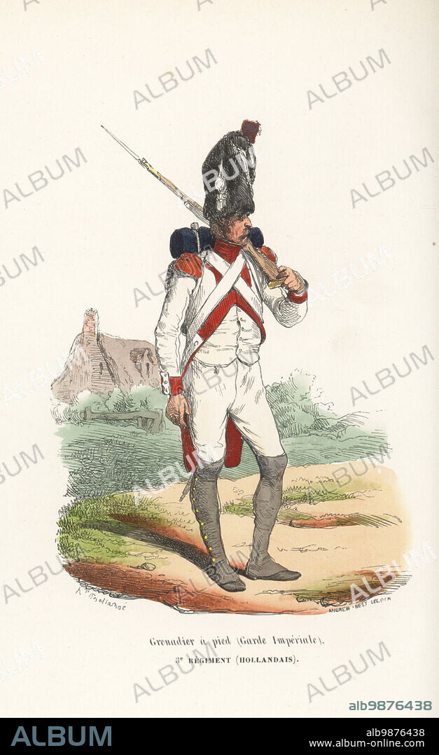 Uniform of the Dutch Grenadiers, 3rd Regiment, French Imperial Guard, 1806-1812. In bearskin, white uniform with crimson cuffs and collar, gaiters, armed with musket. Obliterated at the Battle of Krasnoi, 1812. Grenadier a pied (Garde Imperiale), 3e regiment (Hollandais). Handcoloured woodcut by Andrew Best Leloir after an illustration by Hippolyte Bellangé from P.M. Laurent de lArdeches Histoire de Napoleon, Paris, 1840.