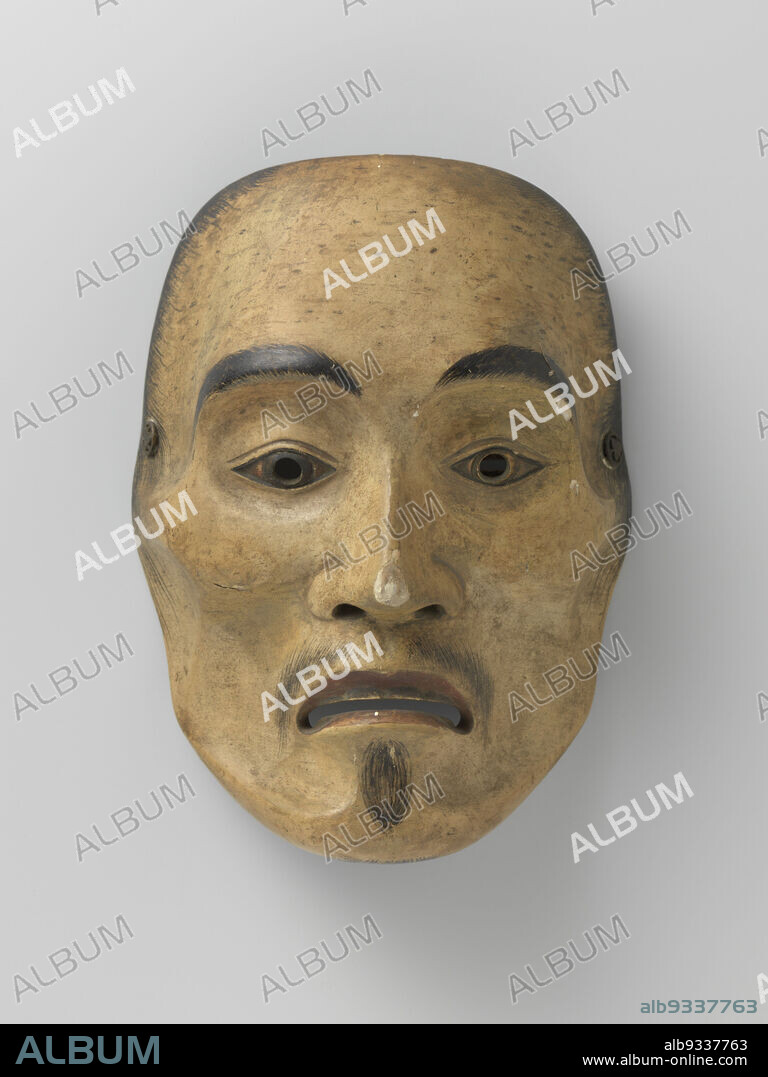 Mask, No-mask, depicting yase-otoko, the skinny man. The black dots are a copy of the damages/restorations of an earlier original, which has been copied here in its entirety. Typical of Mitsunaga is the nose incision, which is slanted at the bottom and the top of which extends above the eye openings., Mitsunaga, Japan, 1600 - 1672, wood (plant material), dye, height 20.0 cm × width 14.9 cm × depth 8.1 cm.
