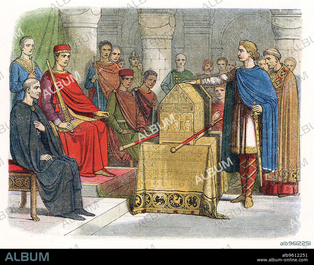 JAMES WILLIAM EDMUND DOYLE. Harold II, last Anglo-Saxon king of England, c1064, (19th century). Harold c1020-1066) swearing an oath on sacred relics before William of Normandy to support his claim to the English throne on death of Edward the Confessor. Harold's failure to honour this supposed oath gave William excuse to invade and conquer England in 1066 and establish a feudal system.