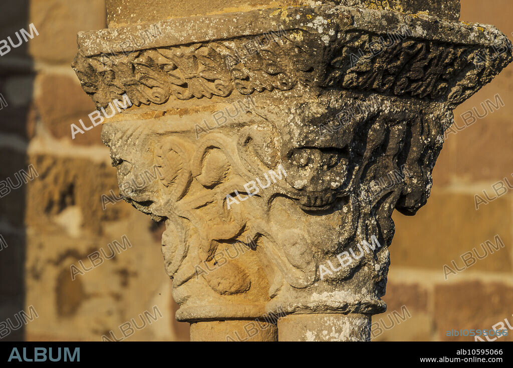 Santa Maria de Eunate church , Romanesque figurative capital,, 12th century, Ilzarbe Valley, Navarra, Spain.