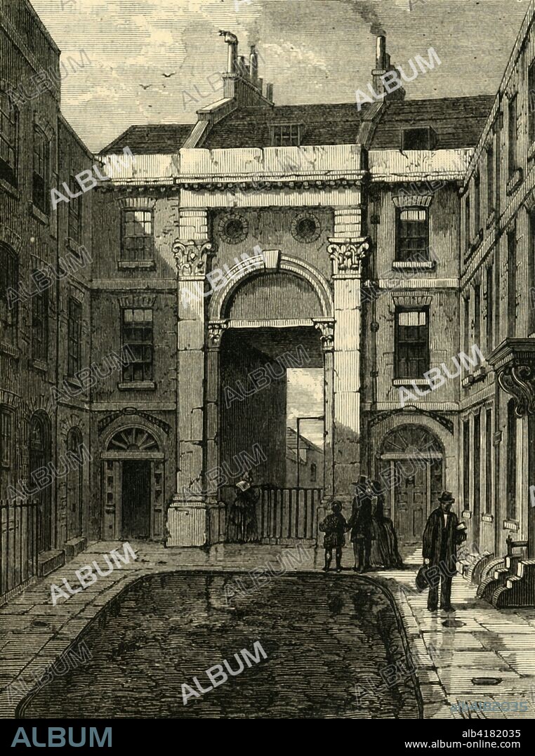 'Essex Water Gate, Essex Street, Strand', (1881). 'Triumphal' gateway built c1676 by Nicholas Barbon to screen his commercial development in the fashionable Strand area of London, from the wharf on the River Thames below. A giant order of fluted Corinthian pilasters on pedestals supports an archivolt arch. From Old and New London: A Narrative of Its History, Its People, and Its Places. Westminster and the Western Suburbs, by Edward Walford, Vol. III. [Cassell, Petter, Galpin & Co., London, Paris & New York, 1881].