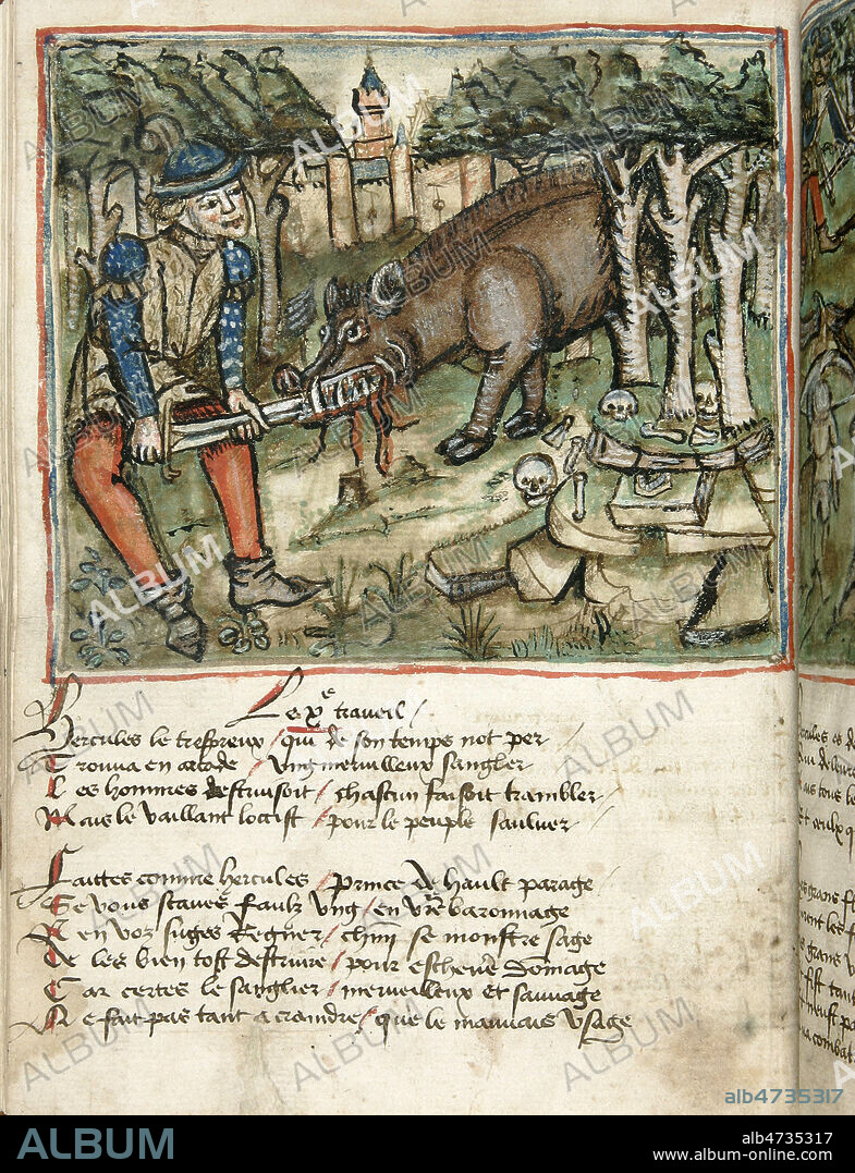 Les Travaux d'Hercule : le sanglier d'Erymanthe. Planche publiee apres le poeme 'Le Chevalier Delibere' d'Olivier de LA MARCHE (1426-1502), en 1483 (15e, 15eme, XVe s.) Credit MIGNY/KHARBINE TAPABOR.