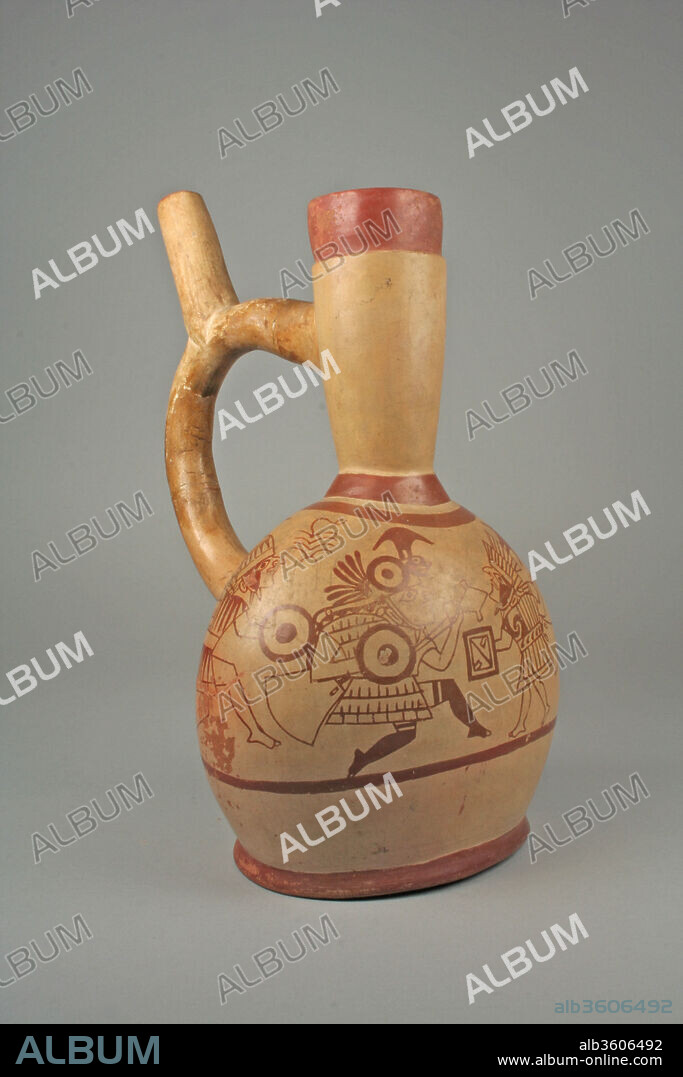 Warrior Bottle. Culture: Moche. Dimensions: H. 11 1/4 x W. 6 3/4 in. (28.6 x 17.2 cm). Date: 4th-7th century.
War, battle, and warriors in processions are major themes in Moche art. However, the archaeological record shows little evidence of warfare. Moche sites are not fortified. Weapons such as clubs and lances, as well as warrior garments, are present in few high-status burials. Moche warfare did exist, but scholars do not agree on its nature. Some maintain that Moche warfare was primarily secular and expansionist. Moche warriors would have fought against members of different coastal or highland ethnicities in order to gain new territory and irrigable land. Other scholars argue that Moche warfare probably had a strong ritual character; combats would have involved Moche men from different valleys and led to the capture of prisoners perhaps destined to be sacrificed during religious ceremonies. Both types of warfare might have existed in Moche society. Whereas some painted scenes show combats that involve warriors dressed differently, as if they belonged to distinct ethnicities, other scenes involve pairs of Moche protagonists. This bottle shows only Moche warriors. They hold triangular war clubs and square or circular shields similar to those found in burials of the Moche elite. They also wear typical Moche metal backflaps and crescents on top of their headdresses.