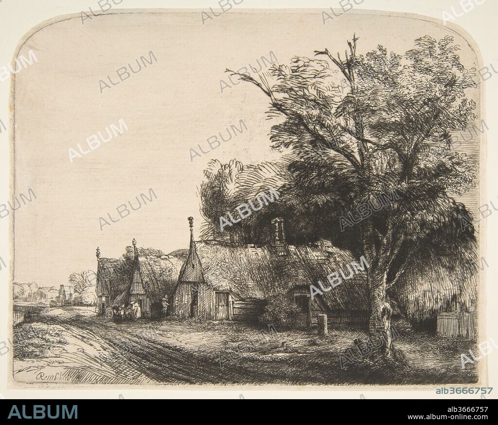 Landscape with Three Gabled Cottages Beside a Road. Artist: Rembrandt (Rembrandt van Rijn) (Dutch, Leiden 1606-1669 Amsterdam). Dimensions: sheet: 6 9/16 x 8 3/16 in. (16.7 x 20.8 cm). Date: 1650.