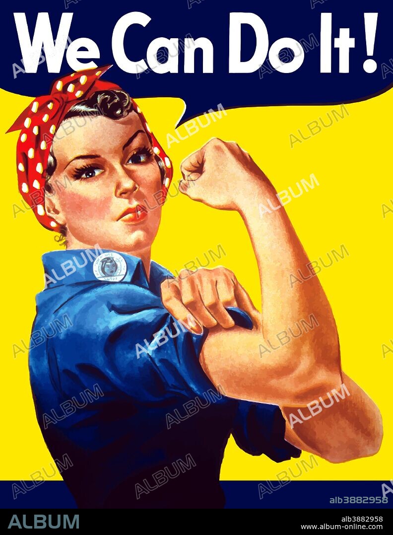 Digitally restored war propaganda poster. Rosie The Riveter vintage war poster from World War Two. Rosie flexes her bicep and declares - We Can Do It!.