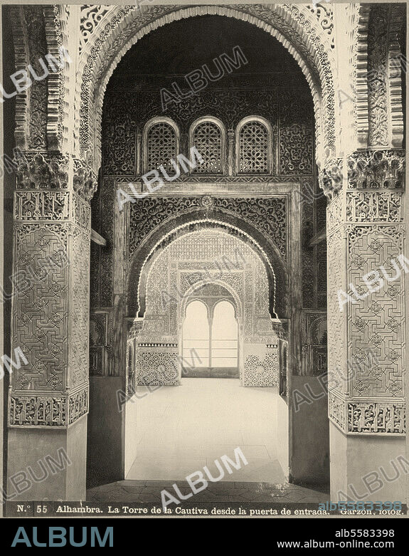 Granada (Spain), Alhambra. (Islamic palace, 1231-1491 residency of the Nasrids). Torre de la Cautiva. View through the entrance. Photo, c. 1890.