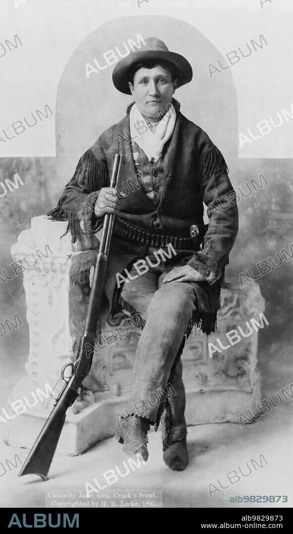 United States 1895, A portrait of General Crook's scout, Martha Canary, otherwise known as Calamity Jane, sitting with a rifle.