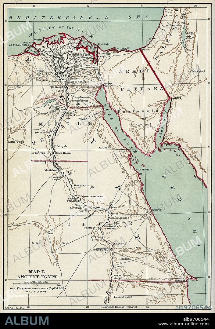Map of Ancient Egypt, Illustration, Cyclopaedia of Universal History, Volume 1, The Ancient World, by John Clark Ridpath, the Jones Brothers Publishing Company, 1885.