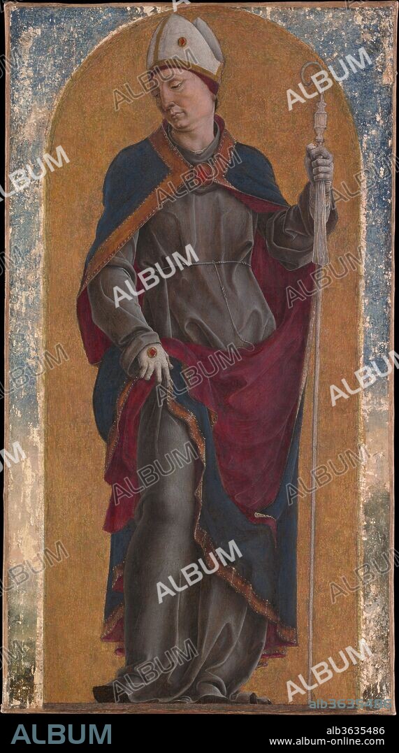 Saint Louis of Toulouse. Artist: Cosmè Tura (Cosimo di Domenico di Bonaventura) (Italian, Ferrara ca. 1433-1495 Ferrara). Dimensions: Overall 28 1/2 x 15 5/8 in. (72.4 x 39.7 cm); original size 28 1/4 x 12 5/8 in. (71.8 x 32.1 cm). Date: 1484?.
This picture, unfortunately not in good condition, is from an altarpiece, the reconstruction of which has been much debated; a companion panel of Saint Nicholas of Bari is also known. The saint is shown from a low viewpoint, as though standing on the edge of the frame. The elaborate pose and expressive, corrugated drapery are hallmarks of Tura's style. Tura worked for the Este court in Ferrara and was a painter of enormous originality.