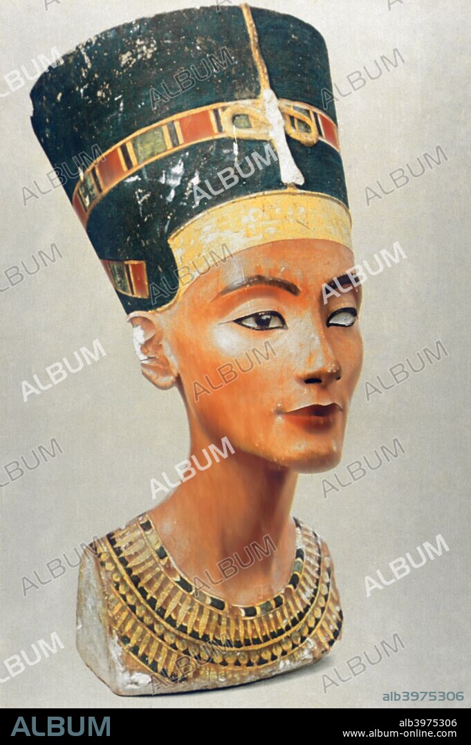 Bust of Nefertiti, queen and wife of the Ancient Egyptian Pharaoh Akhenaten (Amenhotep IV). Nefertiti reigned from 1353-1336 BC. She was a supporter of Akhenaten's worship of the sun god, Aten. From the Egyptian Museum Cairo.  Located in the Museum of Cairo, Egypt.