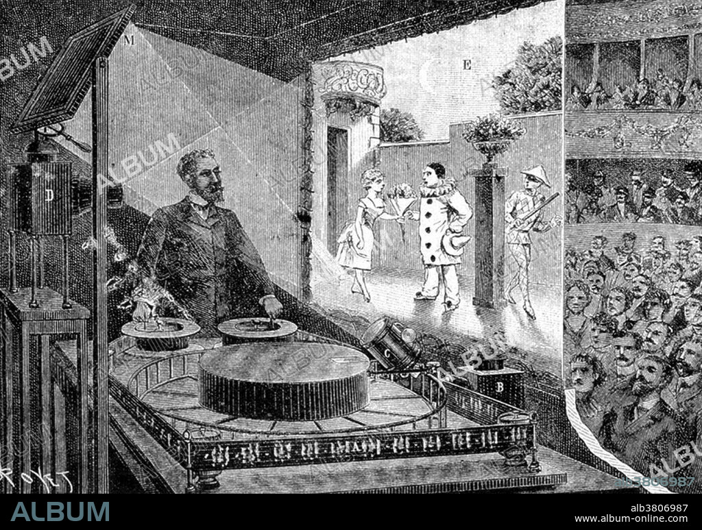 The Theatre Optique was a moving picture show presented by Charles-Emile Reynaud in 1892. It was the first presentation of projected moving images to an audience, predating Auguste and Louis Lumiere's first public performance by three years. In 1876, Reynaud, a French inventor, had created the Praxinoscope, an improvement of the Zoetrope. In 1878 he produced the Praxinoscope Theatre. This improved version included a glass viewing screen which allowed the moving image to be superimposed over a changeable background. On 28 October 1892 he gave the first public performance of a moving picture show at the Musee Grevin in Paris, accompanied by a piano player.