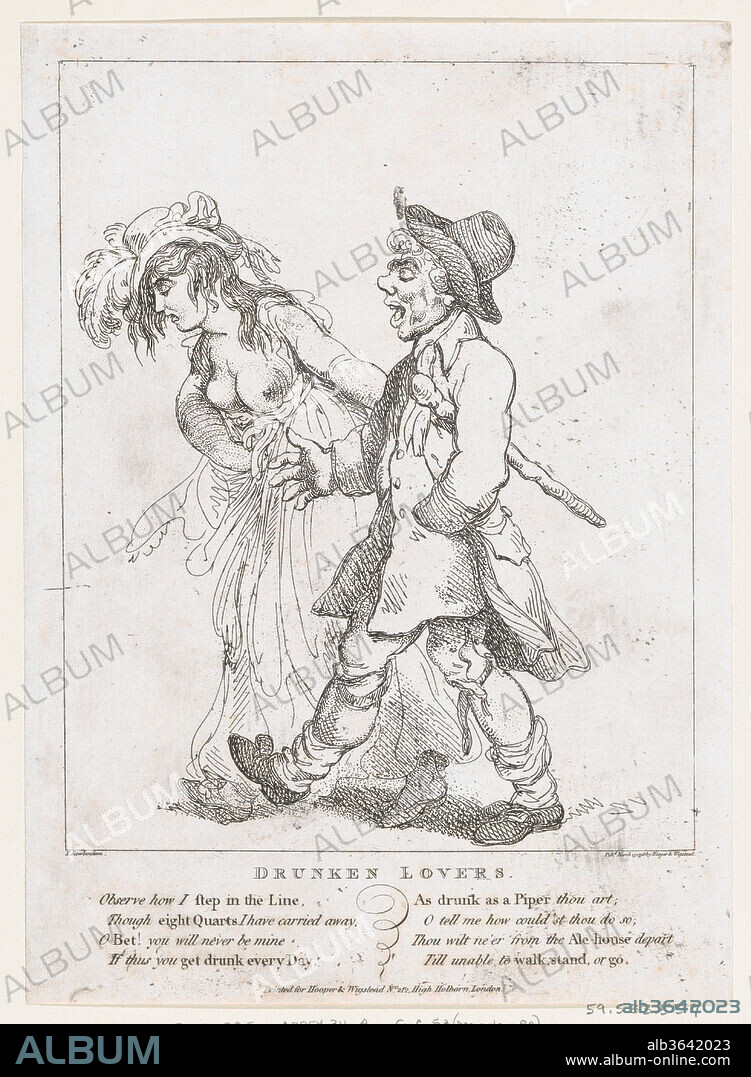 Drunken Lovers. Artist: After George Moutard Woodward (British, ca. 1760-1809 London). Dimensions: Sheet: 10 11/16 × 7 3/4 in. (27.2 × 19.7 cm). Etcher: Thomas Rowlandson (British, London 1757-1827 London). Publisher: Henry Wigstead (British, 1745?-1800 Margate); Samuel Hooper (British, active London, 1771-88). Date: March 15, 1798.