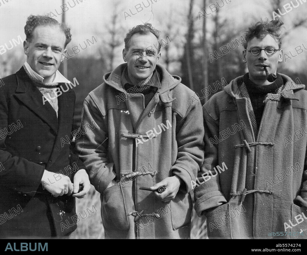 16,000 Mile In 32-foot Ketch -- Across Atlantic and Pacific to Tasmania -- Left to right: Bill Bartlett, Eddie Mossop and Dennis Tanner.... photographed today.Eddie Mossop, 36-year-old fisherman, Dennis Tanner, 29, another fisherman, and ex-Royal Air Force Officer Bill Bartlett, 27, on the deck of their 32-feet ketch at Christchurch, Hampshire, England, as they prepared to start on an adventures voyage of 16,000 miles across the Atlantic and the Pacific to Tasmania. A small marine motor is fitted in the ketch but most of the journey will be done under sail.They are hoping to reach Sydney in time for the Australian Yacht Race of the year - from Sydney to Hobart, Tasmania. Weather permitting the ketch will start from Christchurch tomorrow (April 15th). April 14, 1951.