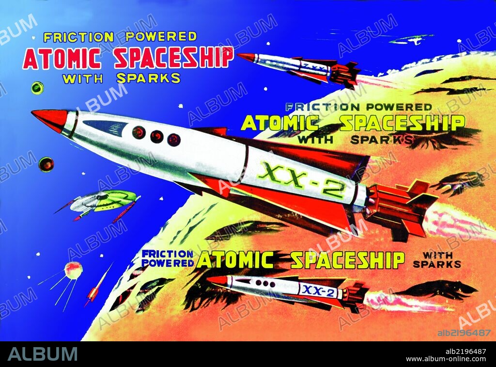 The 1950's was a time of wonder and the universe was the focus of many young imaginations.  Hollywood adopted science fiction and the toy industry followed closely.  The Japanese manufactured toy robots for the children of America and designed great boxes to hold these vintage tin toys.  This illustration art comes directly from these boxes.