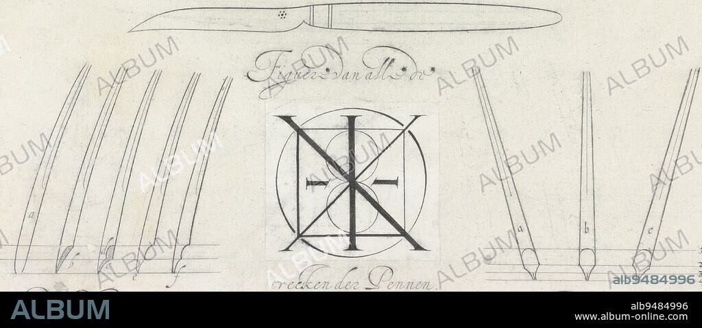 Cutting a reed pen. Eight steps are given on how to cut the point. Below that are two legends. Above and below a knife. The figure in the middle has been added. The drawing is part of an album, Cutting a reed pen Figuere van alle de trecken der pennen Spieghel der schrijfkonste (series title), Jan van de Velde (I), (mentioned on object), Rotterdam, 1605, paper, pen, h 198 mm × w 293 mm.