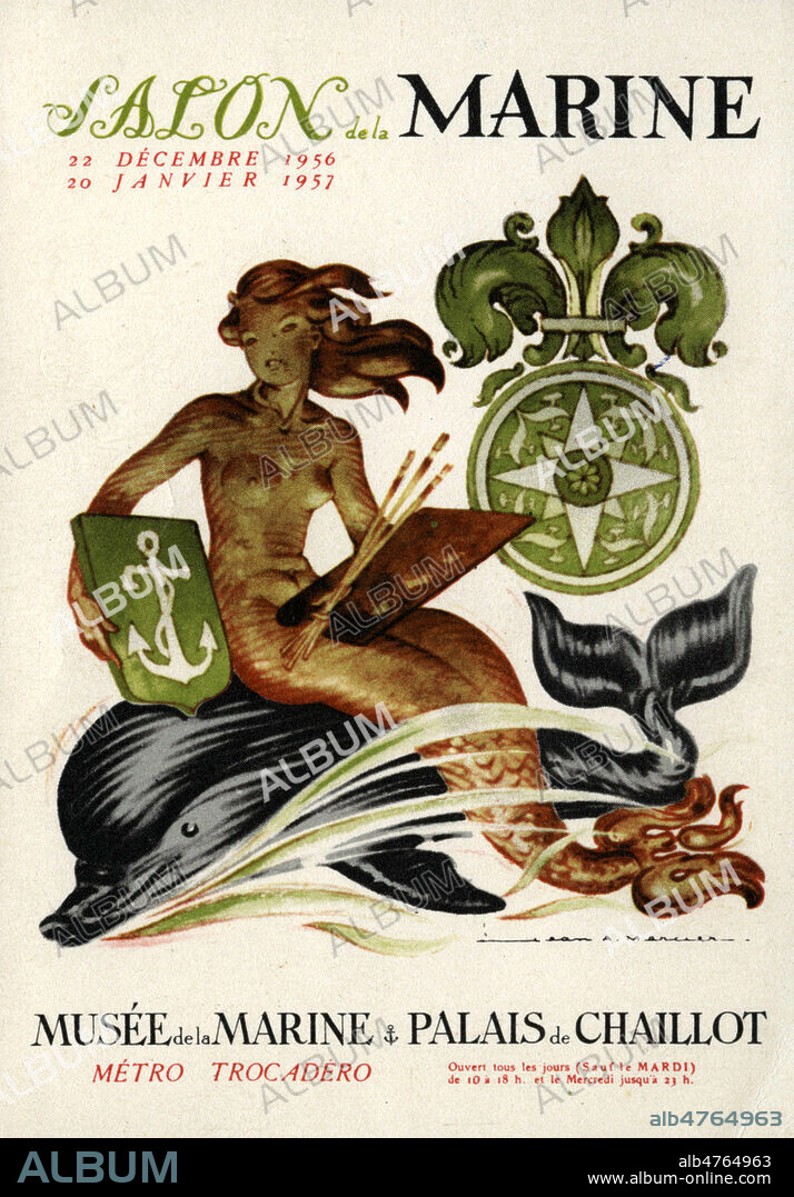 Carte postale publicitaire pour le Salon de la Marine 1956-57, au Musee de la Marine (Palais de Chaillot, Paris). Illustration par J. A. MERCIER (1899-1995 = ADAGP). Credit : Collection IM/KHARBINE-TAPABOR.