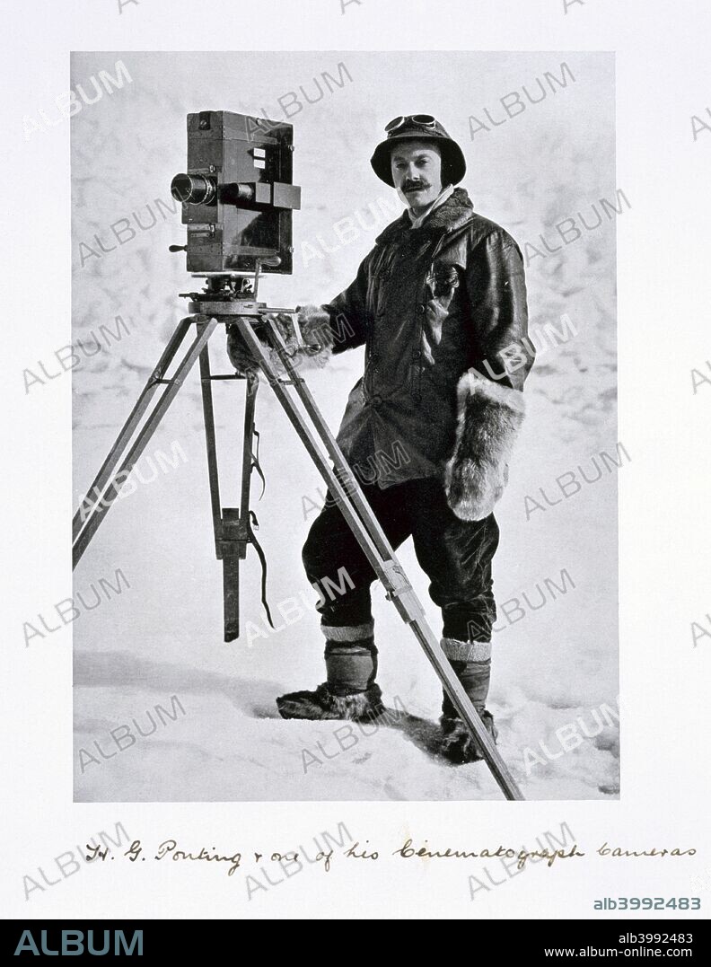 Herbert Ponting, British photographer, in the Antarctic, 1910-1912. Ponting (1870-1935) with a cinematographic camera on the 'Terra Nova' expedition (1910-1913) to the South Pole led by Captain Scott.