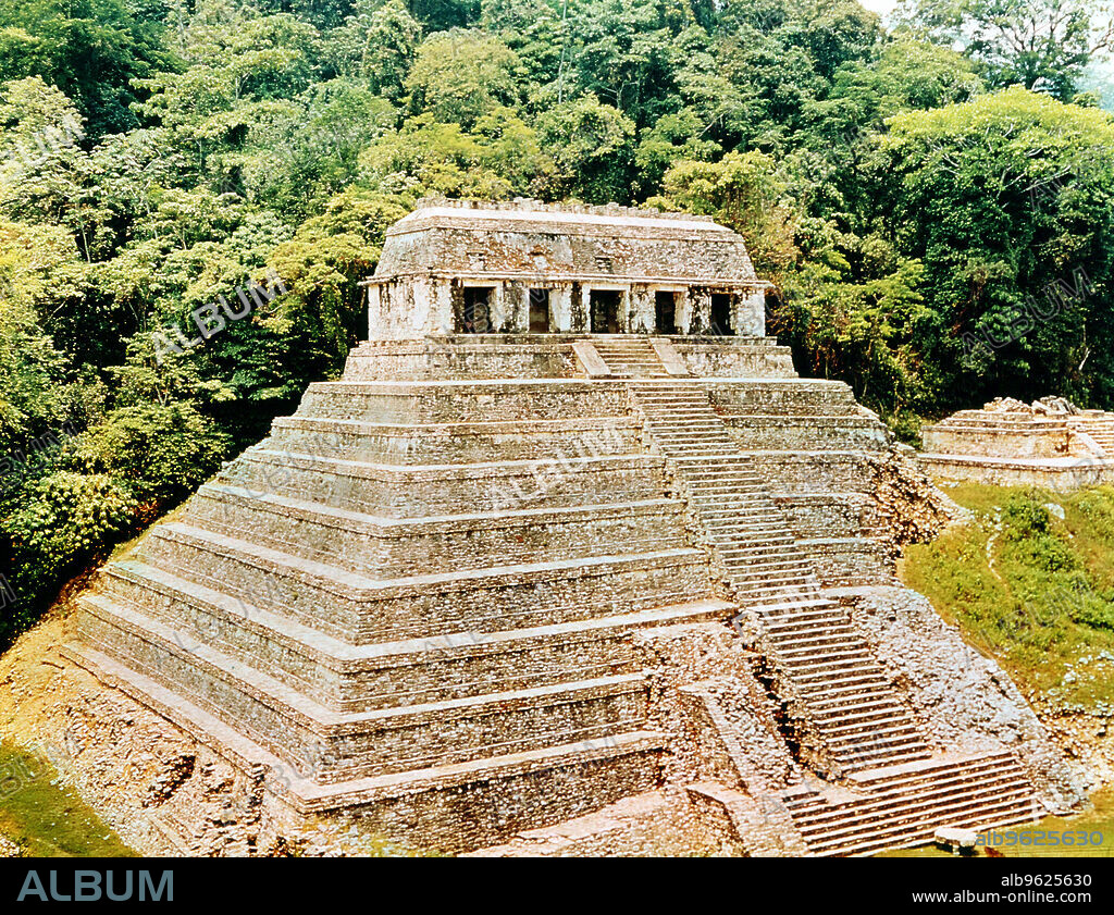 Temple of Inscriptions, Palenque, Mexico. This pyramid topped with a temple is an example of classical Mayan architecture. Within the pyramid a chamber was discovered housing the sarcophagus of Pacal the Great, a king who ruled from 615-683.