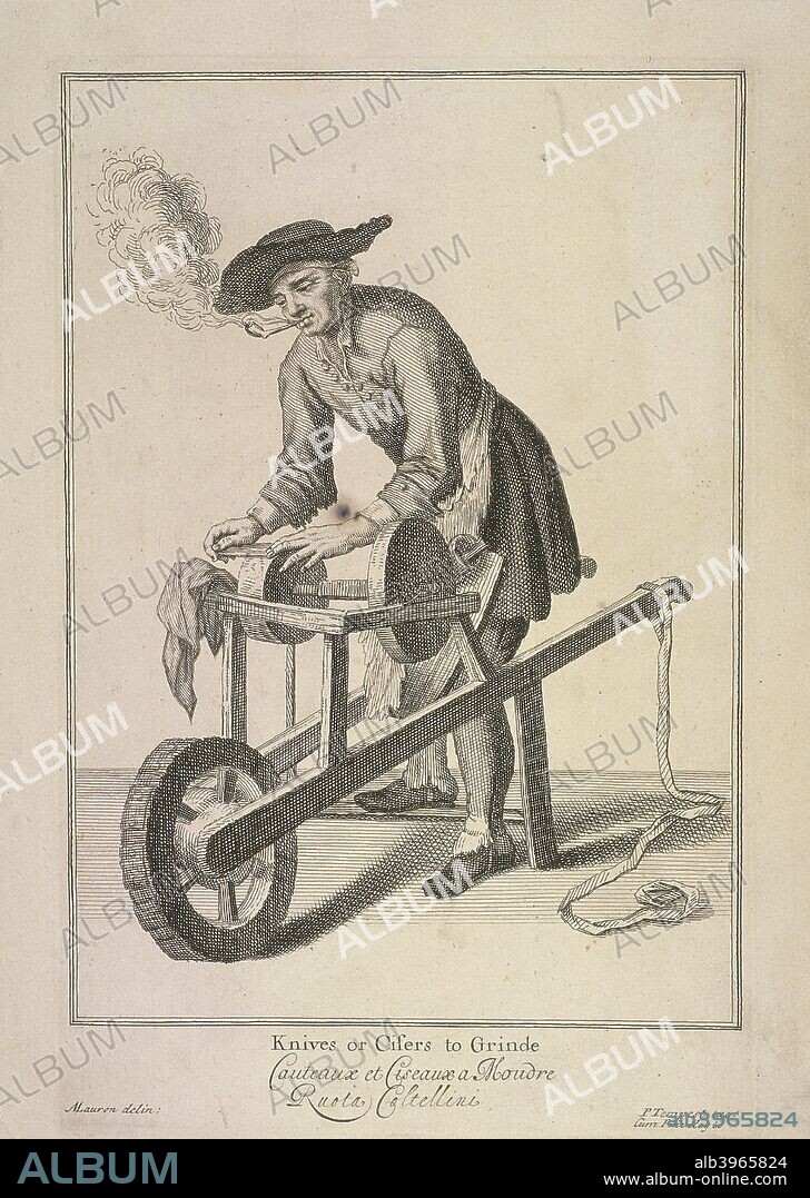 'Knives or Cisers to Grinde'. A knives and scissors grinder who is also smoking a pipe. The man is sharpening an item on his grinder which he is operating by foot. Ffrom Cries of London, (1688?).