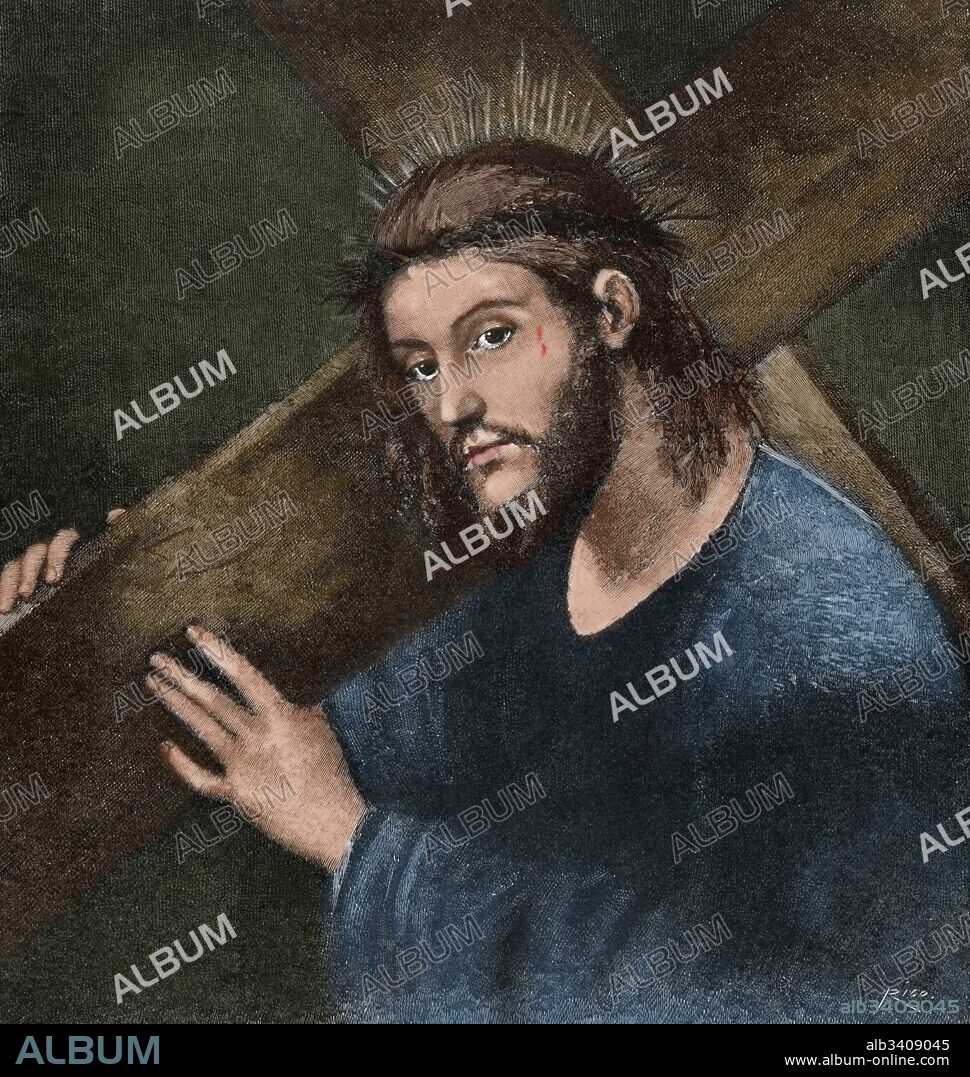 JESUS DE NAZARET. Cristo camino del Calvario. Grabado por Rico a partir de un cuadro del pintor italiano Leonardo da Vinci (1452-1519). Publicado en 1890 en La Ilustración Española y Americana, 1890. Coloreado.