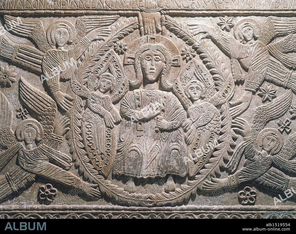 Italy, Longobard art, 8th century - Duke of Ratchis Altar, 737-744. Marble frontal, 180x90 cm. Detail of bas-relief, portraying Divine Majesty.