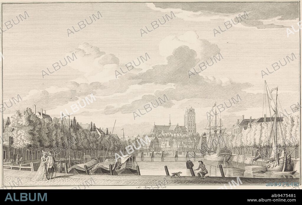 Nieuwe haven en Knolhaven te Dordrecht, Robbert Muys, 1768, View of the Nieuwe haven and Knolhaven in Dordrecht. In the middle back the Grote Kerk. In the foreground a man with a dog on the quay. Top right: D., print maker: Robbert Muys, (mentioned on object), intermediary draughtsman: Robbert Muys, (mentioned on object), publisher: Abraham Blussé, (mentioned on object), Dordrecht, 1768, paper, etching, h 295 mm × w 413 mm.