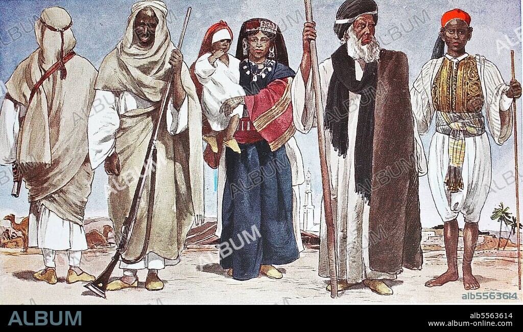 Kleidung, Mode in Afrika, Ägypten, von links, zweimal die Beduinen der libyschen Wüste, eine Beduinenfrau mit Kind, ein alter Dorfchef und ein Läufer, vor edlen Reitern oder Wagen, digital restaurierte Reproduktion einer Originalvorlage aus dem 19. Jahrhundert.