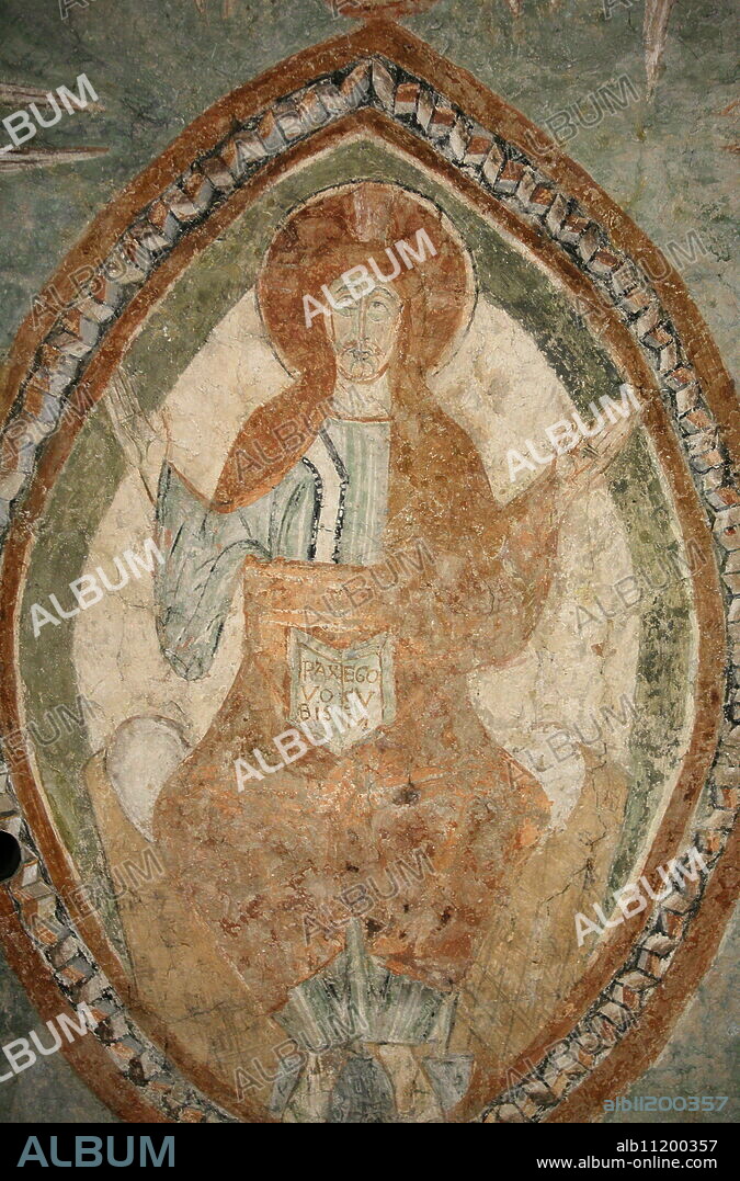 A 12th century Romanesque fresco depicting Jesus Christ in Saint Chef abbey church, Saint-Chef-en-Dauphine, Isere, France, Europe.
