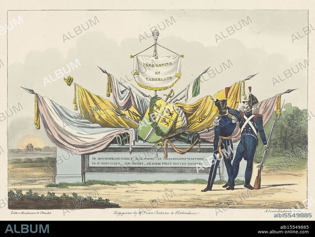 Rotterdam, Oosterzee, WJ van, Goudoever, Anthonie Jacobus van, Utrecht, Houtman, Johannes Paulus, Allegory for the Rotterdam militia, 1830, Allegory of the marching out of the voluntary Rotterdam militia, 20 October 1830. Two soldiers in front of a monument with a trophy of arms made of banners and flags, cannons and a banner with the inscription 'For King and Fatherland'. A two-line inscription on the monument. In the distance a burning city., print, prints, Frederik Muller Historieplaten, height 264 mm, width 370 mm, Dutch, 1803-05-01 - 1841, print maker, printmaker, 1830 - 1831, paper, papier, lithografie (technique), handkleuring, 1783-04-09 - 1856-07-24, intermediary draughtsman, after a drawing by, Publication (Event), Publicatie, publisher.