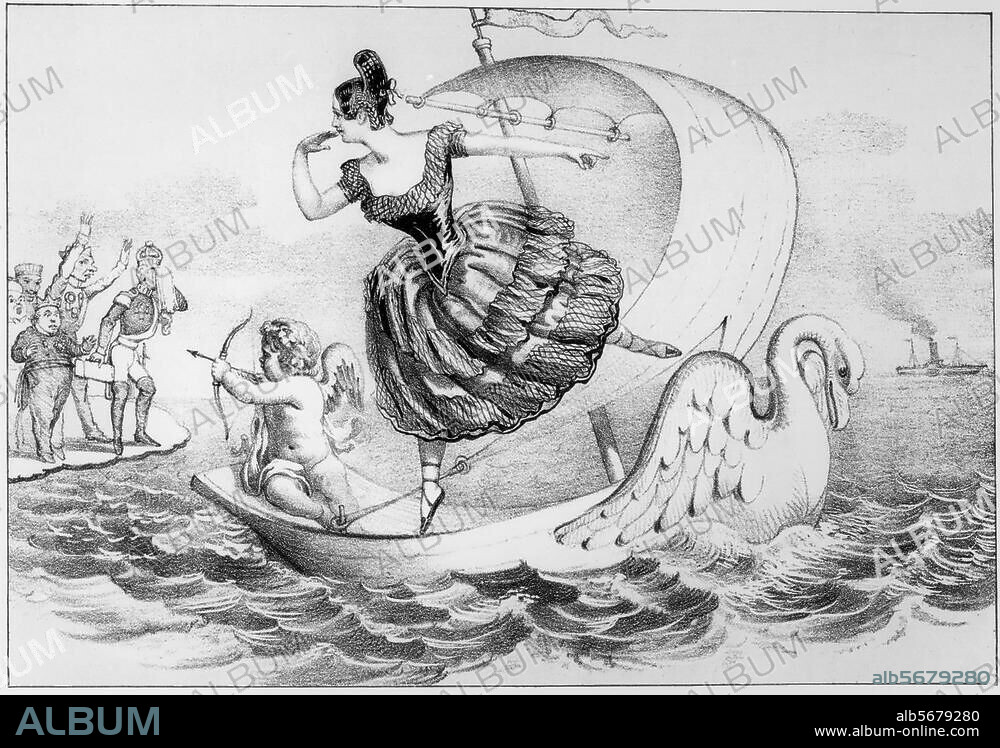 Montez, Lola (eigentl. Marie Dolores Gilbert); Tänzerin, Geliebte König Ludwigs I. von Bayern; 1821-1861.-"Lola coming ! / Europe farewell ! America I come."-(Lola Montez und der Abschiedsschmerz europäischer Monarchen). Karikatur. Lithographie, unbez., um 1852.