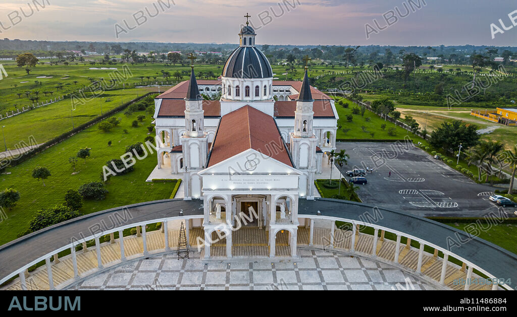 Aerial of the Basilica of the Immaculate Conception, Mongomo, Rio Muni, Equatorial Guinea, Africa.